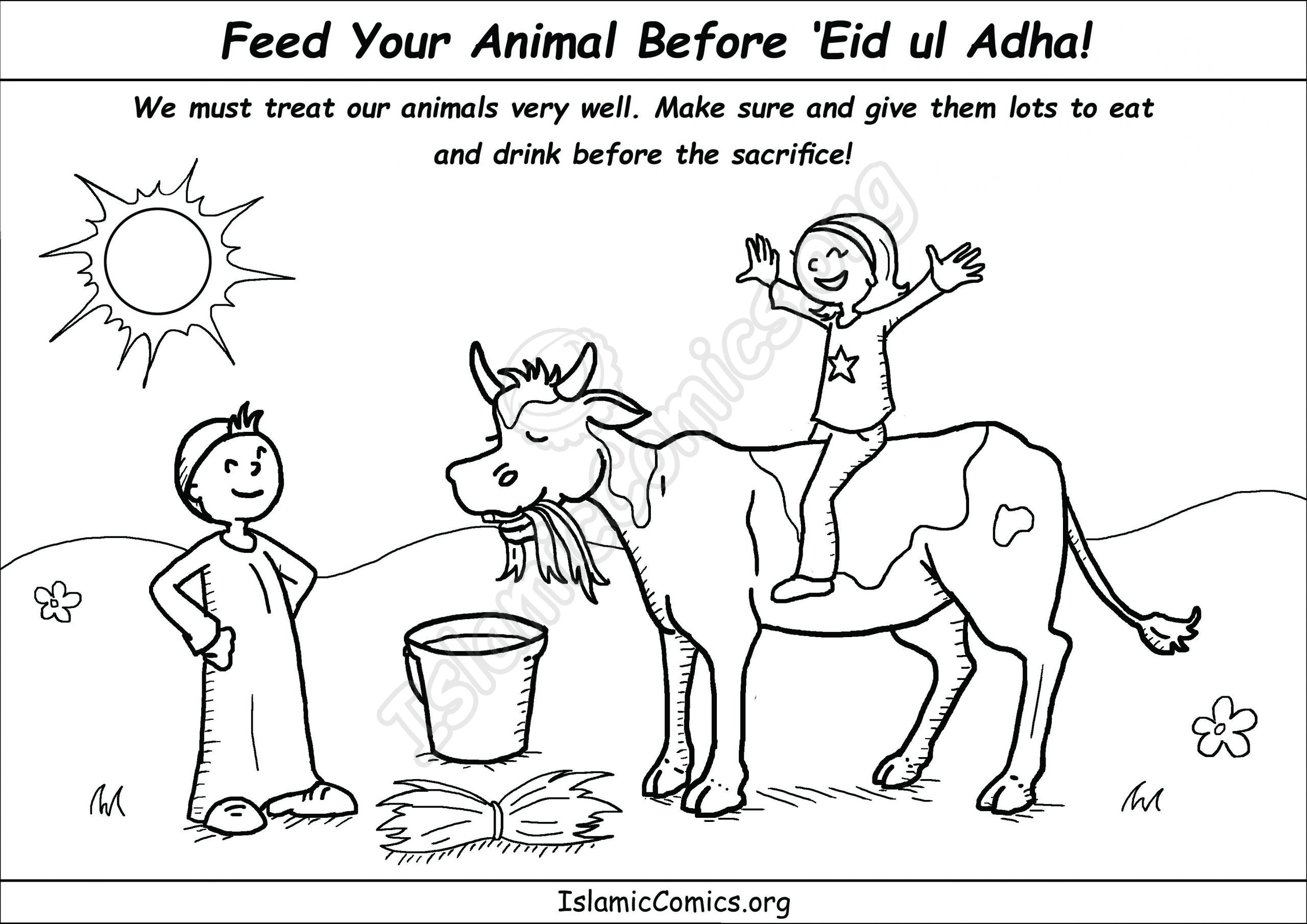 Boy and Girl Feeding Cow Before 'Eid ul Adha - IslamicComics.org
