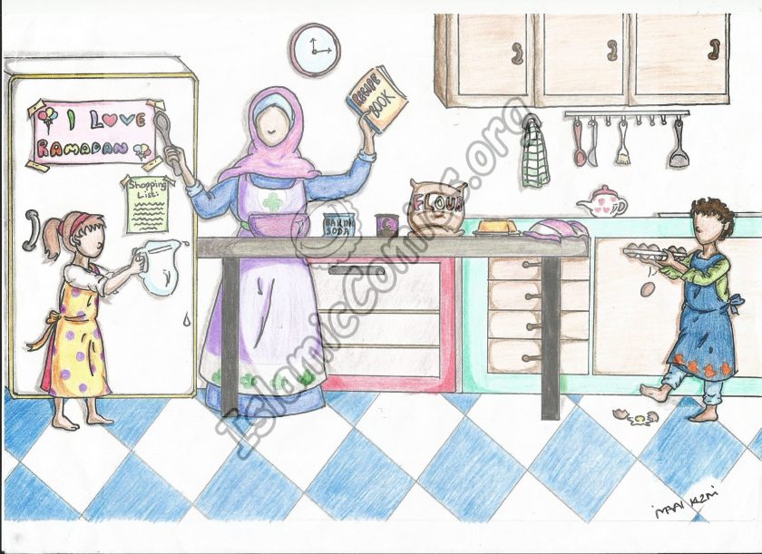Mother and Kids Preparing Iftar - Islamic Illustrations by Kids