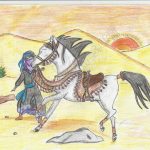 An Islamic Illustration of a beduin girl and her horse in the desert