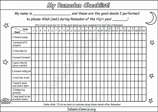 Ramadan Checklist - Islamic Worksheet for Kids