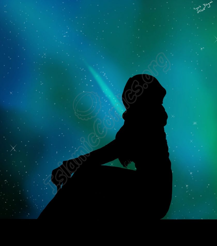 Muslim Girl in Hijab Looking at the Stars - Islamic Illustrations